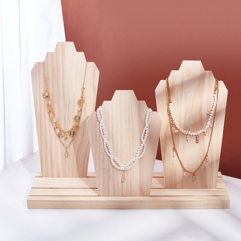 PH PandaHall Wood Necklace Display Stands with 3-Row Holder and 3 Removable Displays Wood Plank Necklace Holder Bust Easel Jewellery Stand for