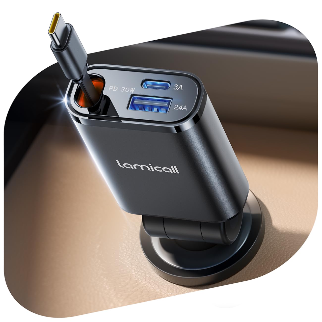 Lamicall 3 in 1 Retractable Car Charger Adapter -?2026 Ultra Compact?57W Cigarette Lighter USB Charger, Car Phone Charge with Type-C Cable/USB C/USB