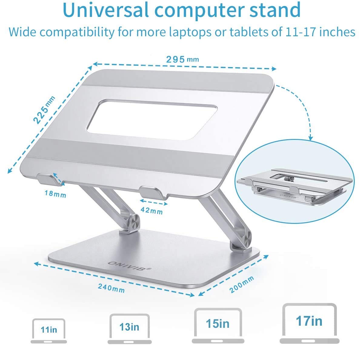 ONIVIB Laptop Computer Stand, Adjustable Tablet Holder Desk, Foldable Wide Compatible(10-17 inches) Computer Lapdesks, for MateBook Notebook-(Silver)