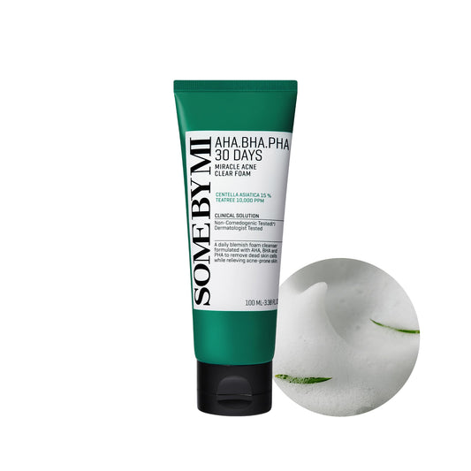 SOME BY MI AHA BHA PHA 30 Days Miracle Acne Clear Foam Cleanser 100ml - Exfoliating Cleanser with AHA BHA PHA - Salicylic Acid & Tea Tree Acne Face