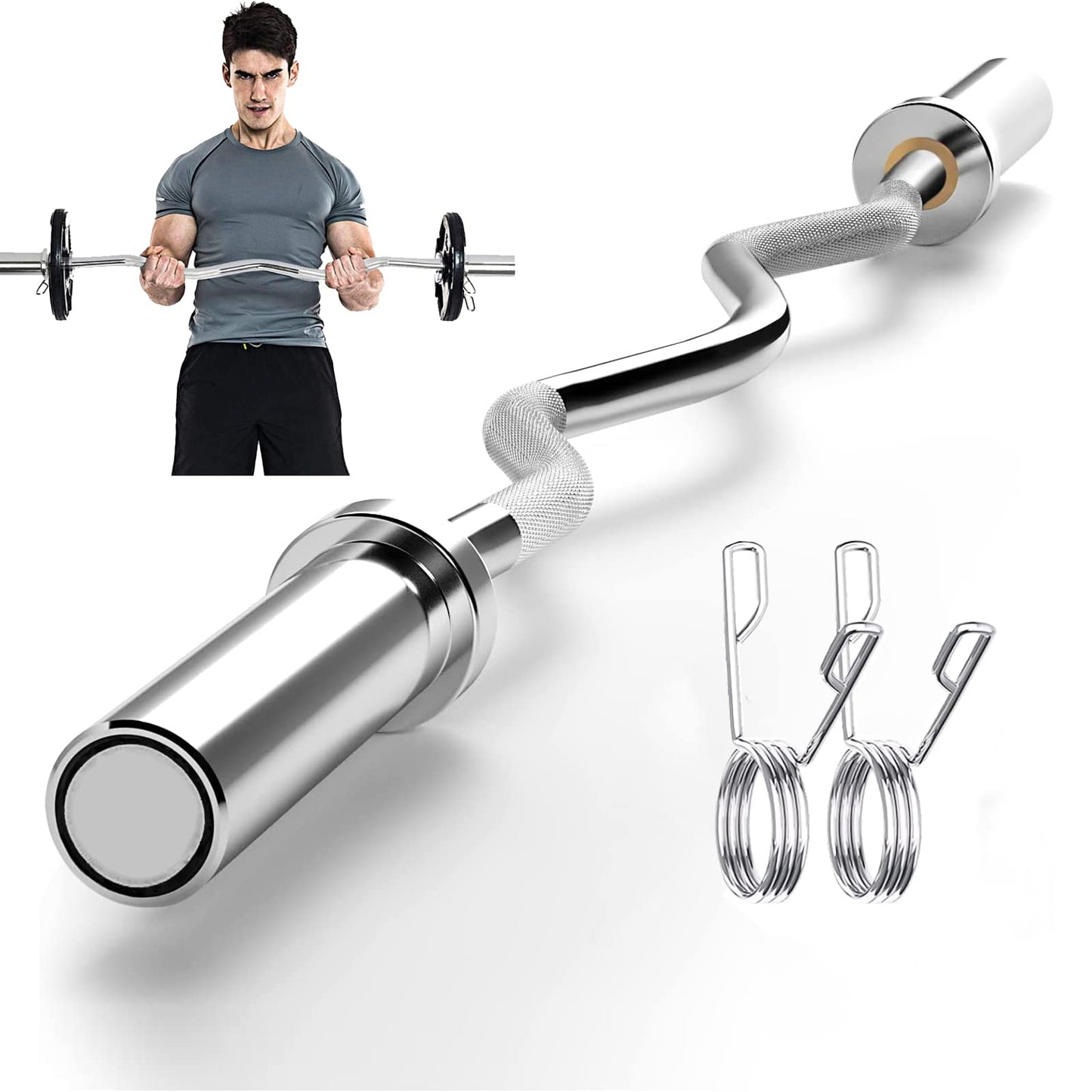 tonchean 47inches EZ Curl Bar Olympic Curl Bar for 2" Weight Plates EZ Bar Weight Lifting Bar Solid Chrome Tricep Bar Straight Training Bar with 2