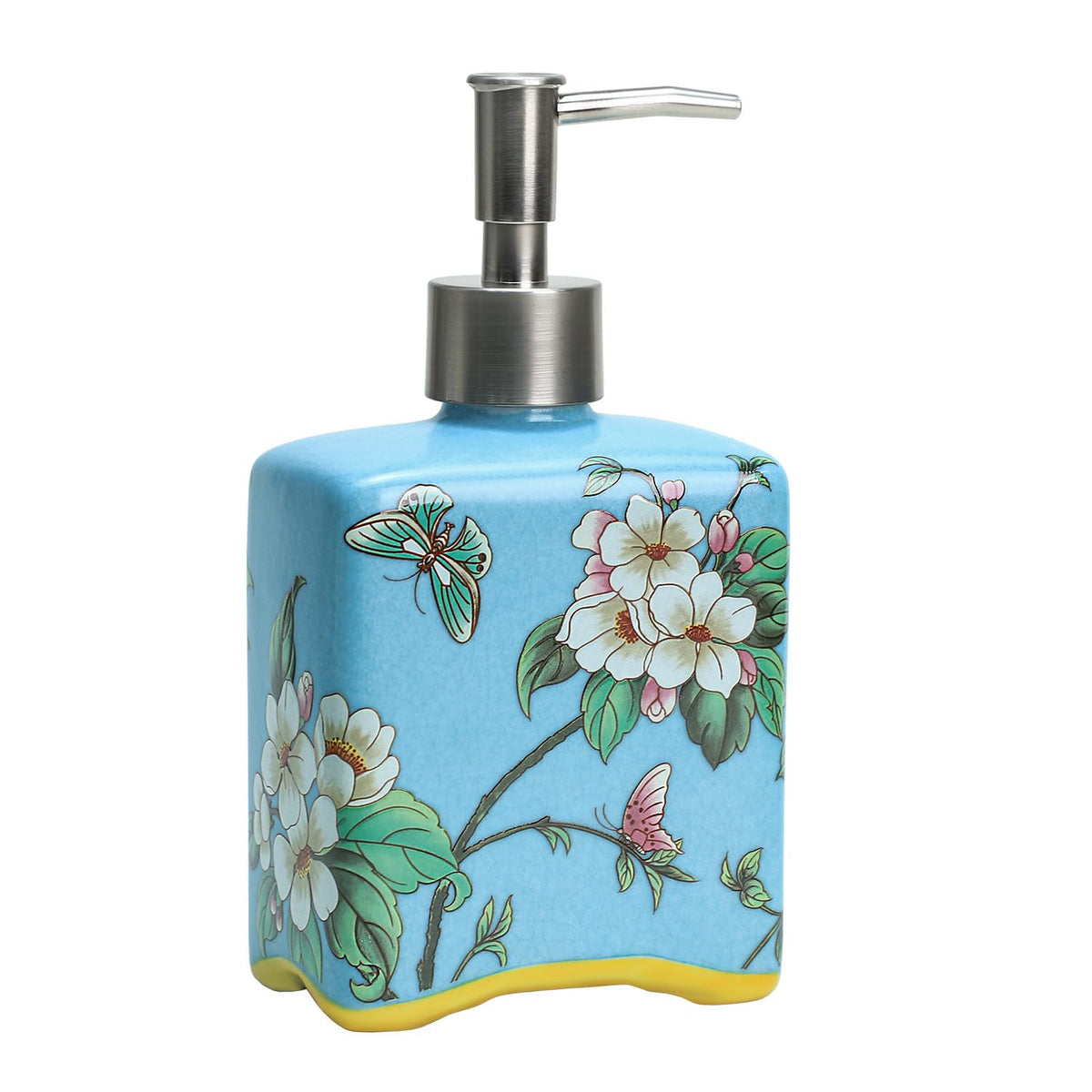 Bicuzat Ceramic Soap Dispenser, Lotion Bottle with Removable Pump, Flower Pattern Dispenser for Kitchen and Bathroom - Blue, 13 OZ