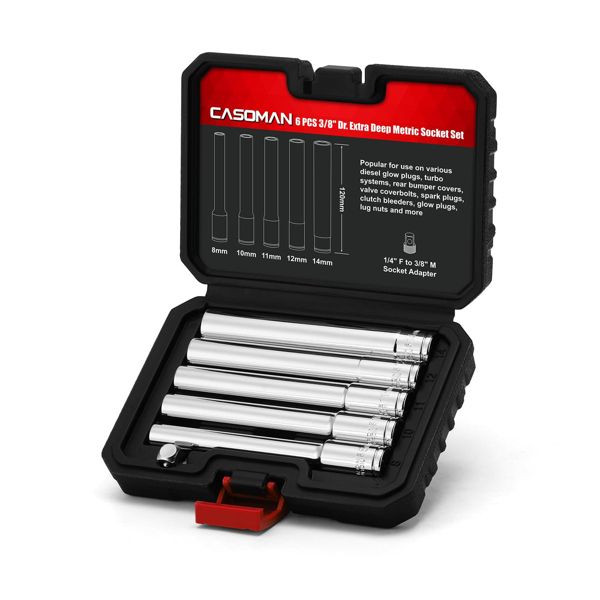 CASOMAN 6PCS 3/8-Inch Drive Extra Deep Metric Socket Set, 6 Point, 8mm, 10mm, 11mm, 12mm, 14mm, 1/4" F to 3/8" M Adapter, 120MM Deep CR-V Socket for