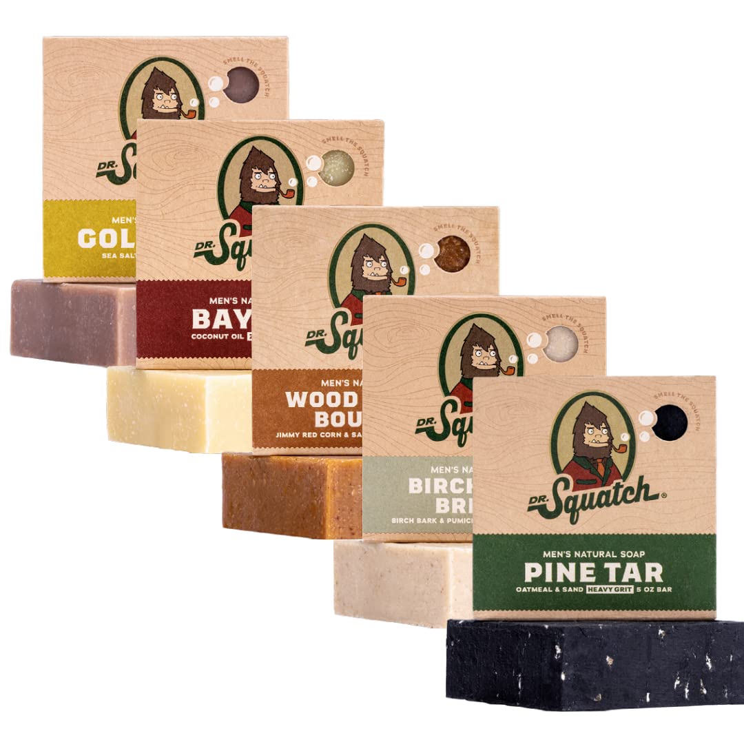 Dr. Squatch All Natural Soap Bar for Men, 5 Bar Variety Pack - Bay Rum, Birchwood Breeze, Gold Moss, Pine Tar, Wood Barrel Bourbon