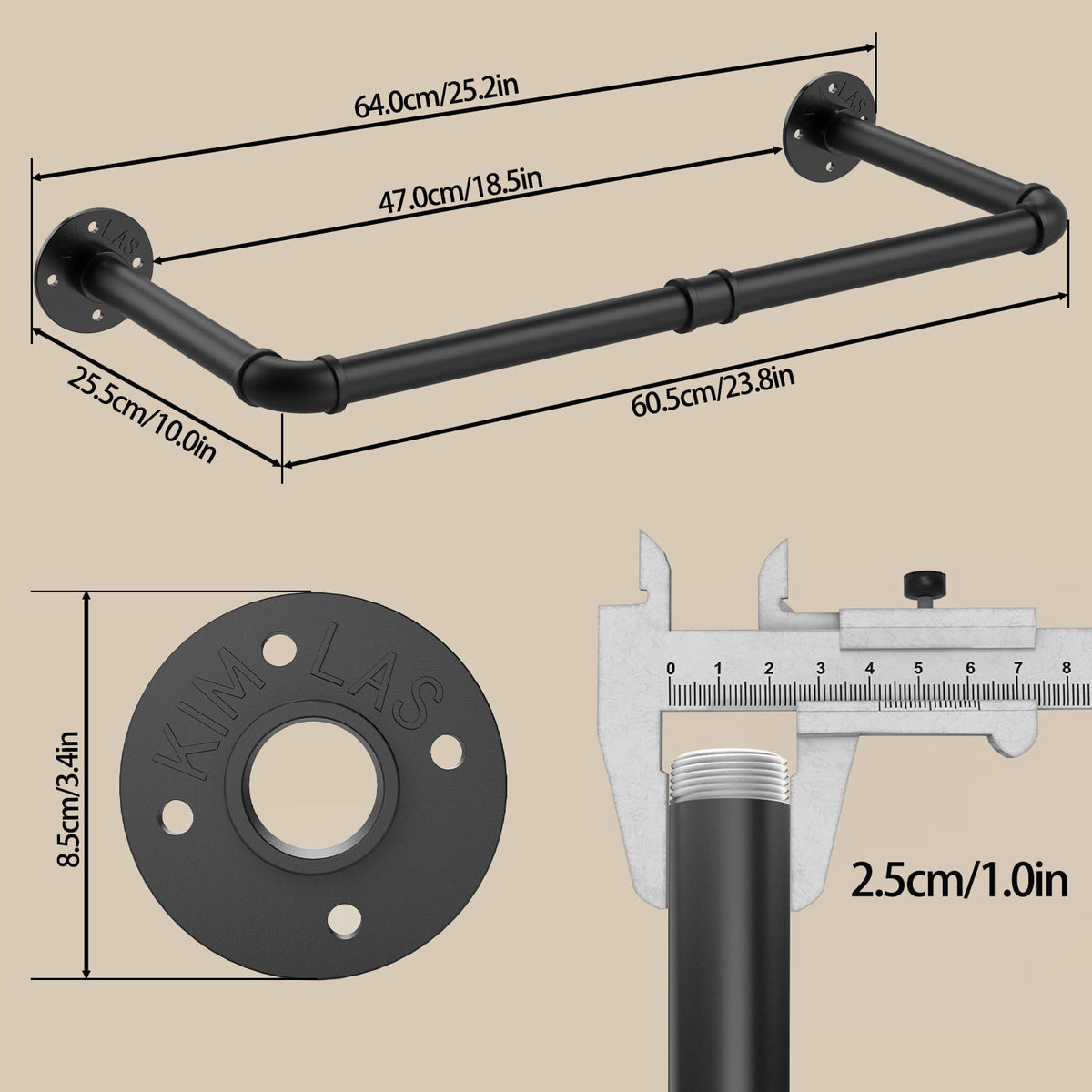 YheenLf 64cm Wall Mounted Clothes Rail, Garment Rack, Black, 1 Pack
