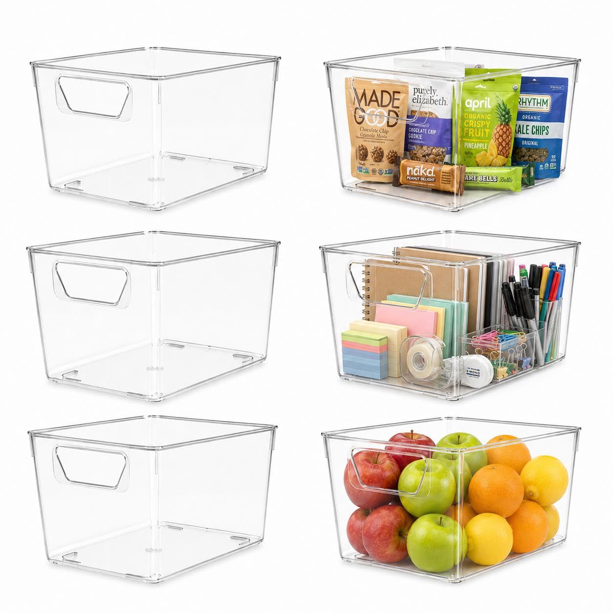 Sydroya 6 Pack Clear Plastic Storage Bins, Clear Storage Boxes with Handle, Kitchen Storage Organiser for Refrigerator, Fridge, Cupboard, Cabinet