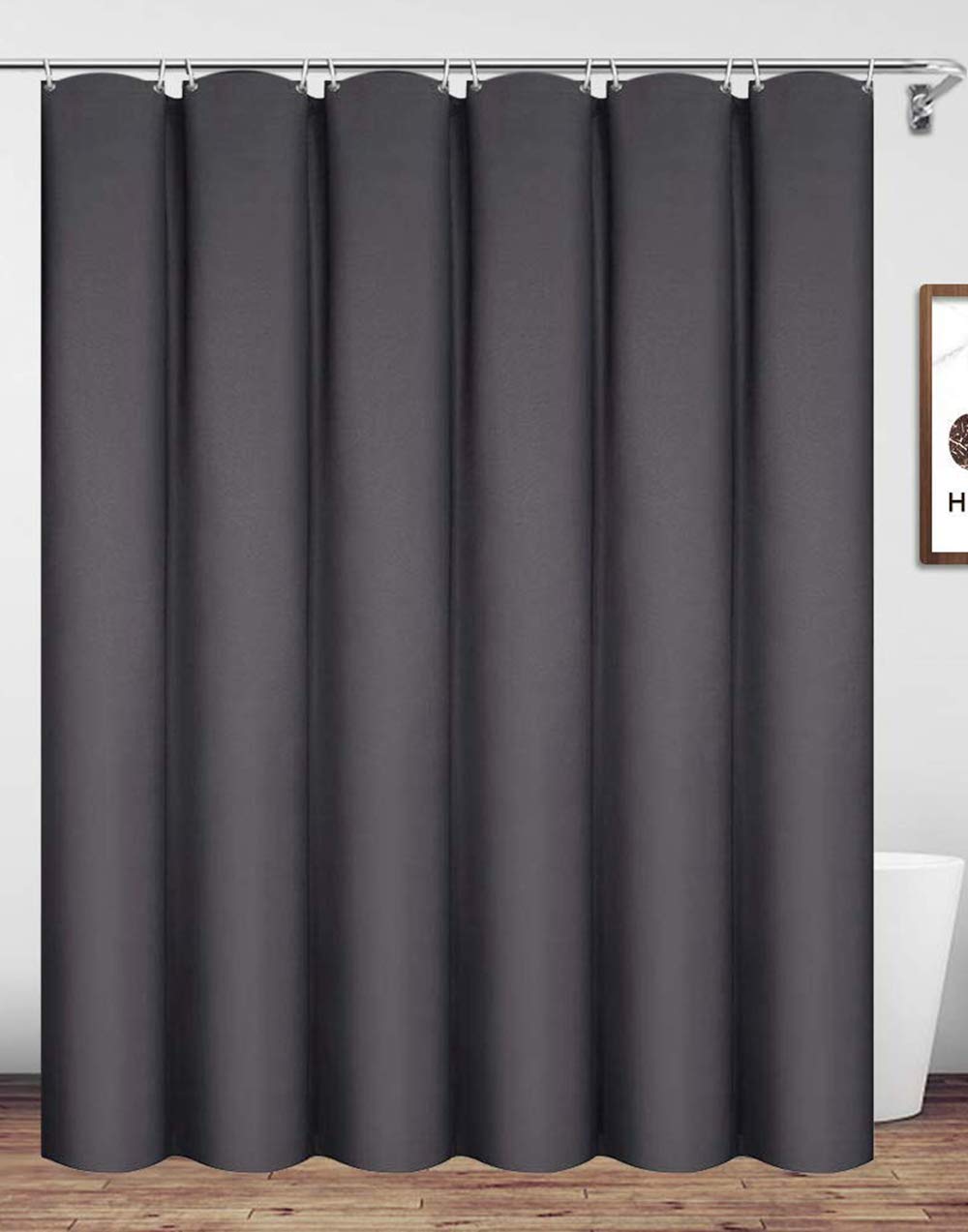 Homehold Charcoal Grey Shower Curtain With Hooks, 200cm Wide By 240cm Long Polyester Waterproof Bathroom Curtain