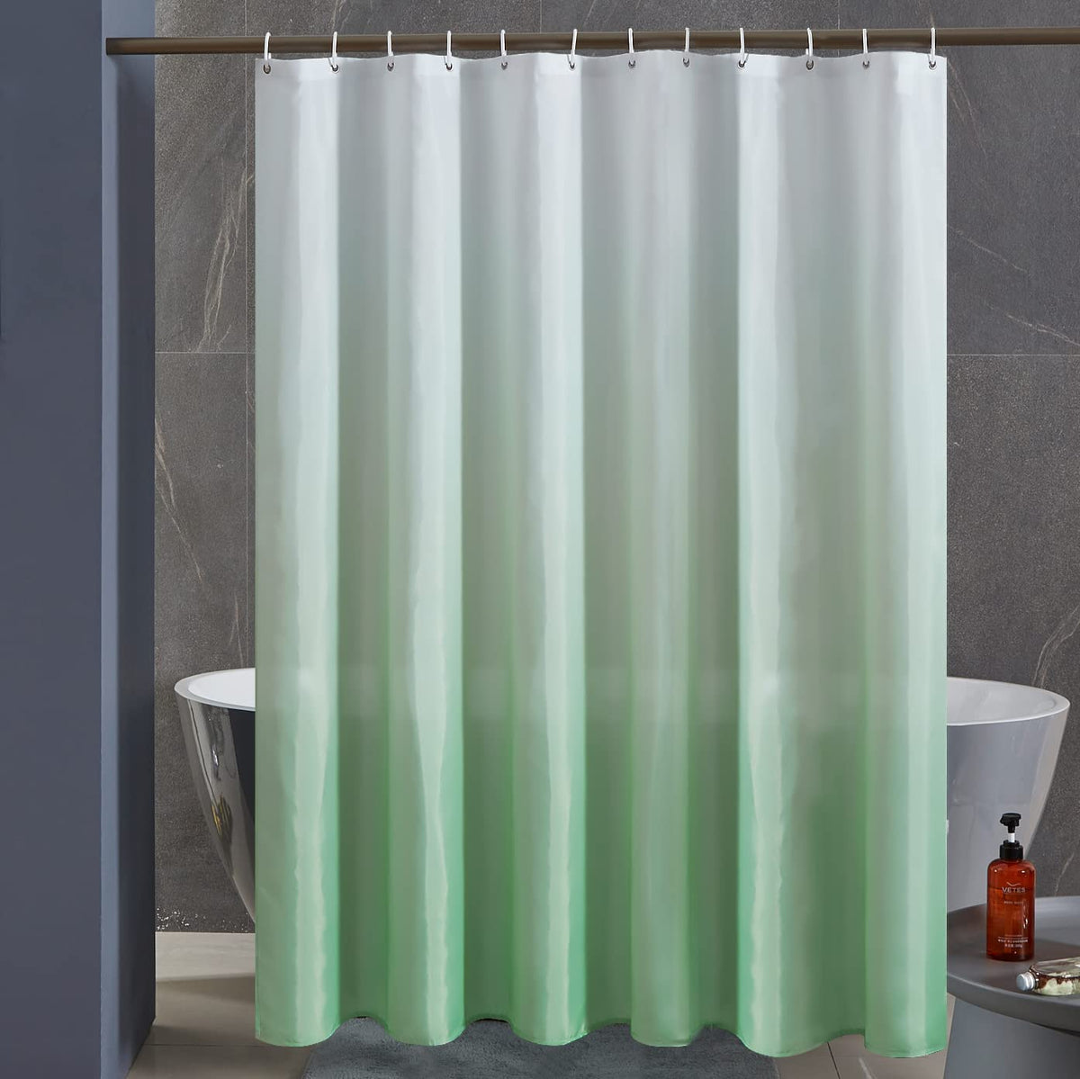 Furlinic Shower Curtain Mould Proof Polyester Fabric Wetroom Bath Curtains Waterproof Machine Washable with 12 Hooks for Bathroom White to Light Green