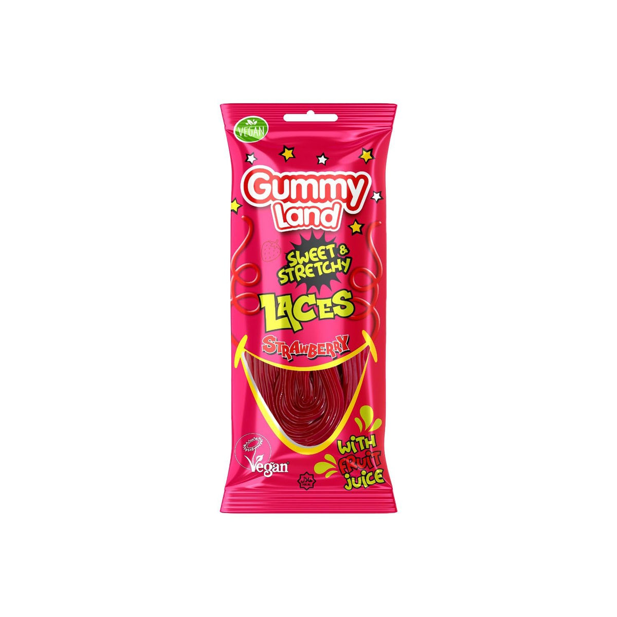 Gummy Land Strawberry Sweet Soft Candy Laces - Vegan - Halal - 80g (Pack of 12)