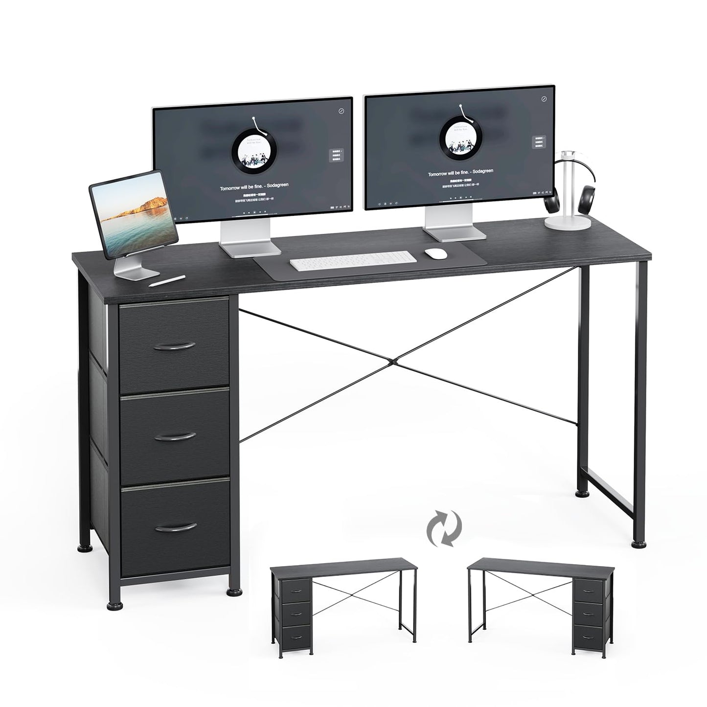 KitMent 120cm Wide Desk, Small Computer Desk with 3 Drawers, Home Office Desk with Adjustable Feet and Sturdy Frame