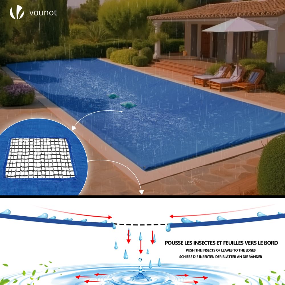 VOUNOT Swimming Pool Cover Rectangular Heavy Duty Double Layer Pool Protective Cover with Drain Net, Aluminum Eyelets Waterproof Cover, 4X8m
