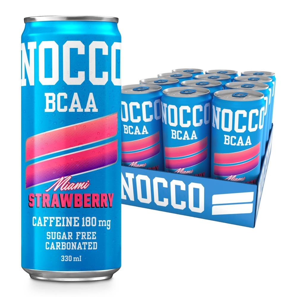 NOCCO Sugar Free Energy Drink ? BCAA, 180mg High Caffeine, with Amino Acids & Vitamins, Ideal for Pre Workout ? 12 x 330ml (Miami Strawberry)