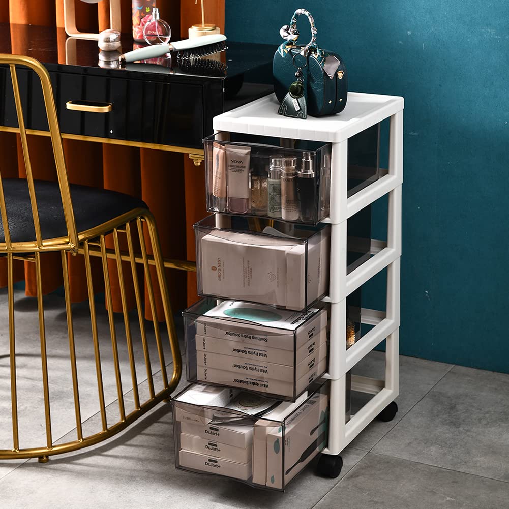 BAKAJI Space-Saving Chest with Drawers Shelves Storage Clear Polypropylene Trolley with 4 Wheels and Sturdy White Structure, Multi-Purpose Organizer