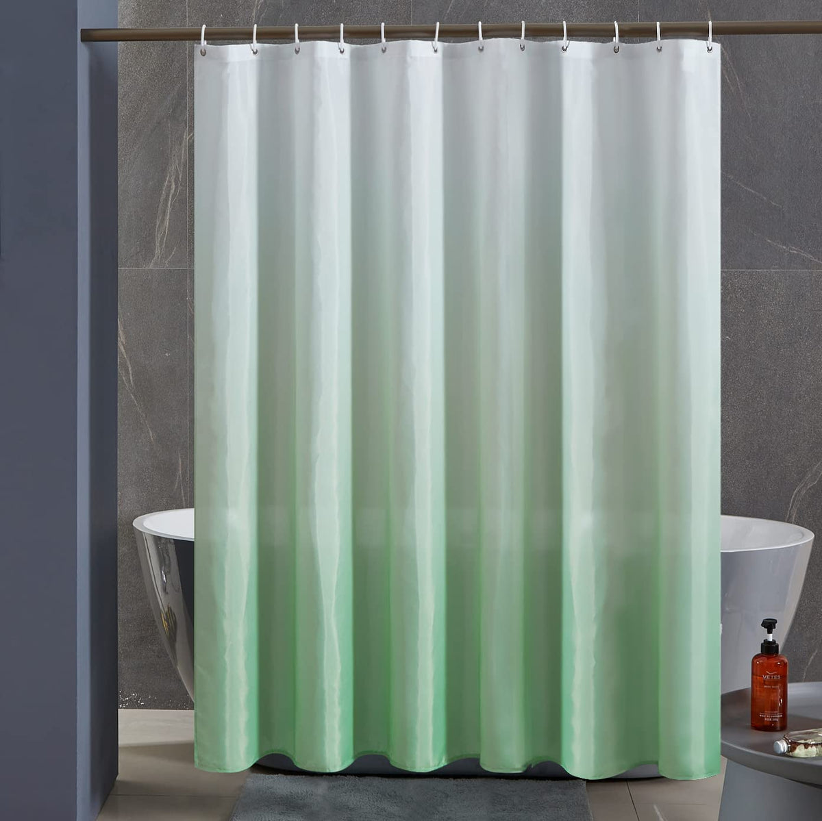 Furlinic Shower Curtain Mould Proof Polyester Fabric Wetroom Bath Curtains Waterproof Machine Washable with 12 Hooks for Bathroom White to Green 72x72