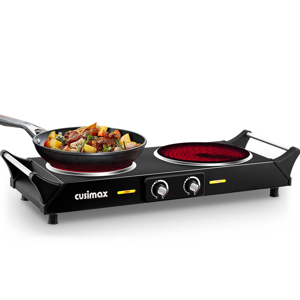 CUSIMAX Electric Hob, Hot Plates for cooking Portable Double Hob with Handles Infrared Cooktop & Dual Temperature Control, 2 Hob Rings (900W & 1200W)
