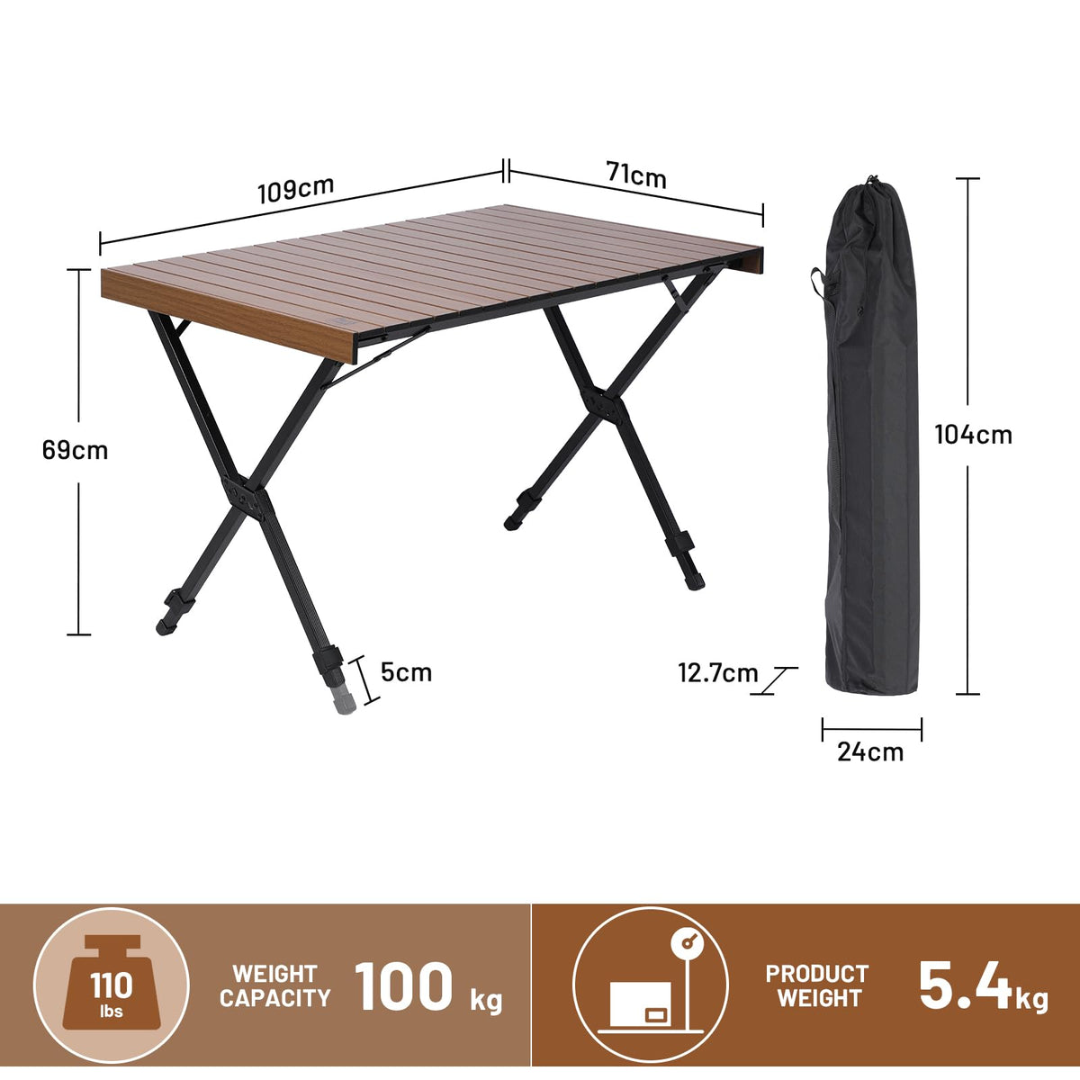 TIMBER RIDGE Folding Camping Table Fold up Aluminum Foldable Portable, 108x71cm Roll up Picnic Table Support 100kg 4ft Height Adjustable 4-6 Person
