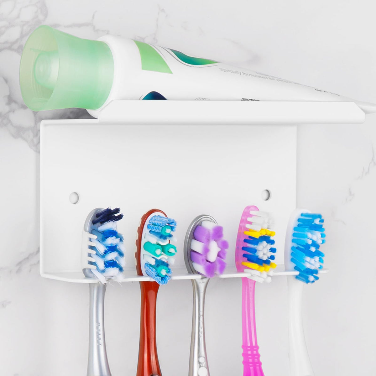Linkidea Wall Mounted Toothbrush Holder for Shower, Aluminum Self-Adhesive 5 Slots Tooth Brush and Toothpaste Organizer Hanger Compatible with Colgate