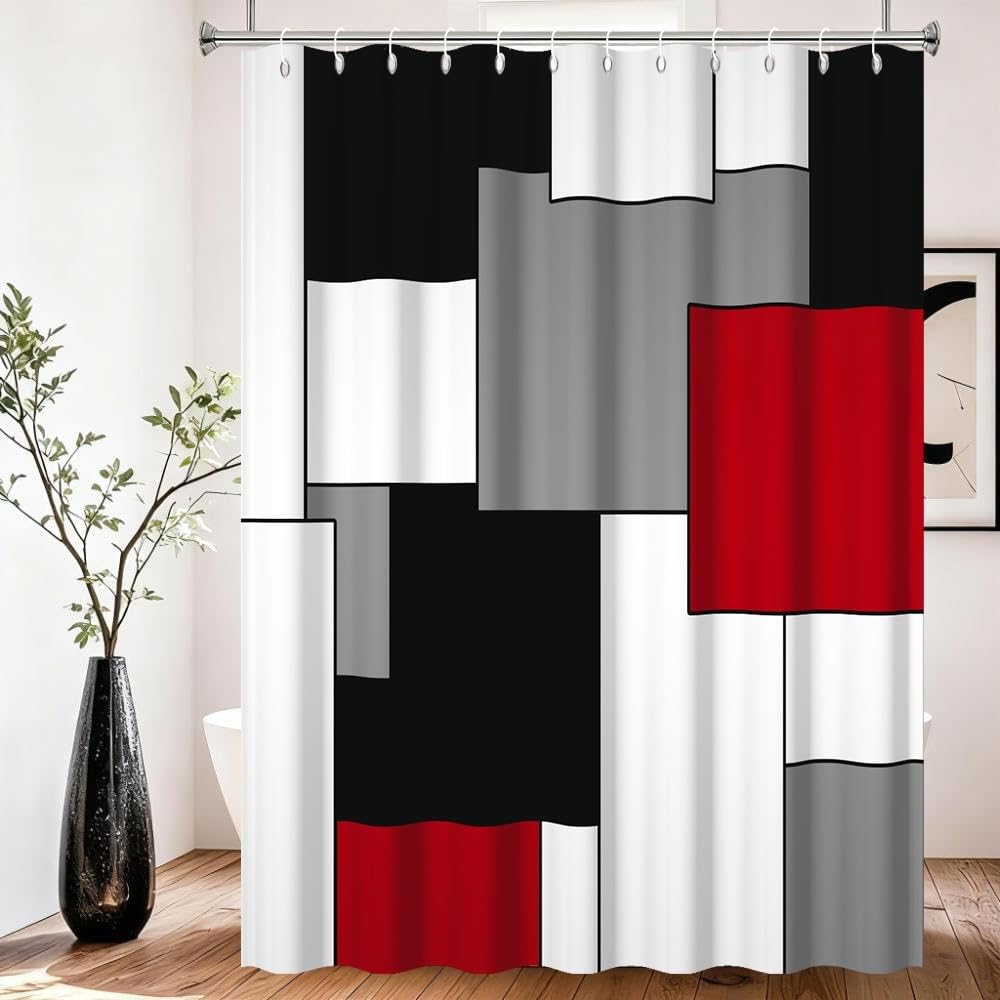 Xiaoterna Geometric Shower Curtain Red and Black Bathroom Curtain Modern Abstract Art Colorful Square Stripes Water Repellant Fabric Washable Shower