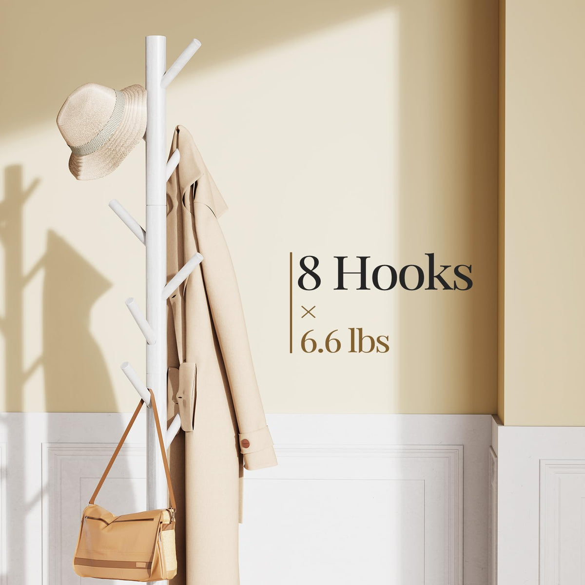 Pipishell Coat Rack, Coat Rack Freestanding with 3 Adjustable Sizes Coat Tree and 8 Hooks, Sturdy Wooden Coat Rack Stand for Cloathes, Hat, Used in