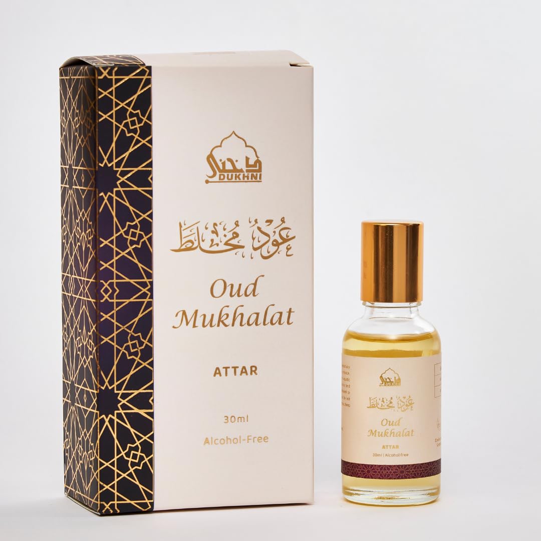 Oud Mukhalat Attar Oil by Dukhni | Arabic perfume oils for men and women, without alcohol | 30ml Pure roll on perfume, saffron oud oil, oudh attar |