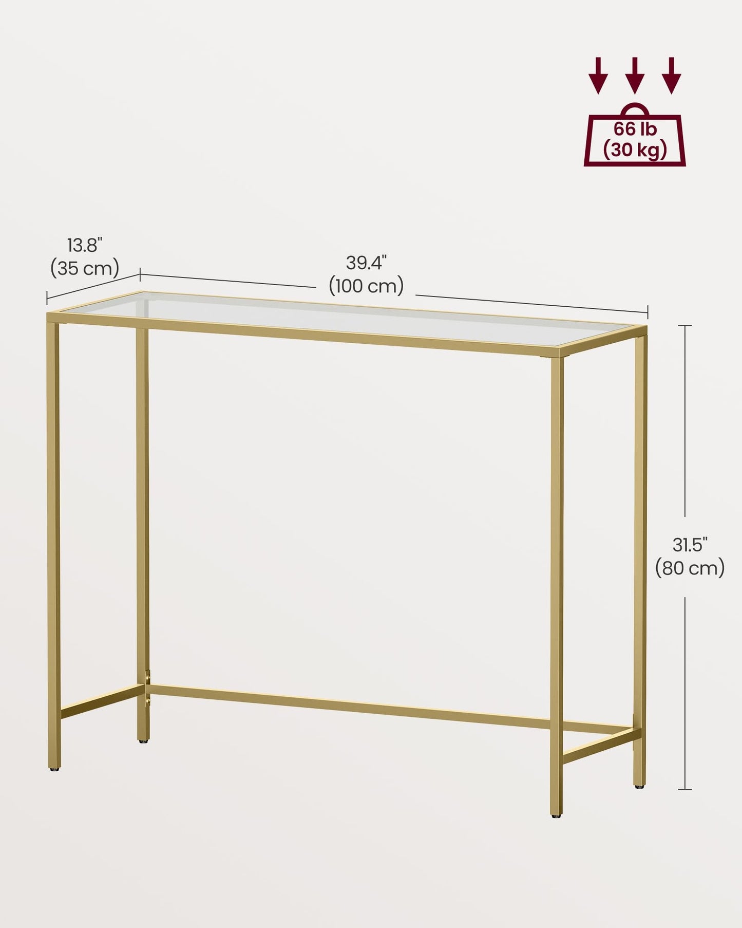 VASAGLE Console Table, Tempered Glass Table Top, Metal Frame, Heavy Duty, Adjustable Legs, for Living Room, Entryway, Hallway, Gold LGT26G