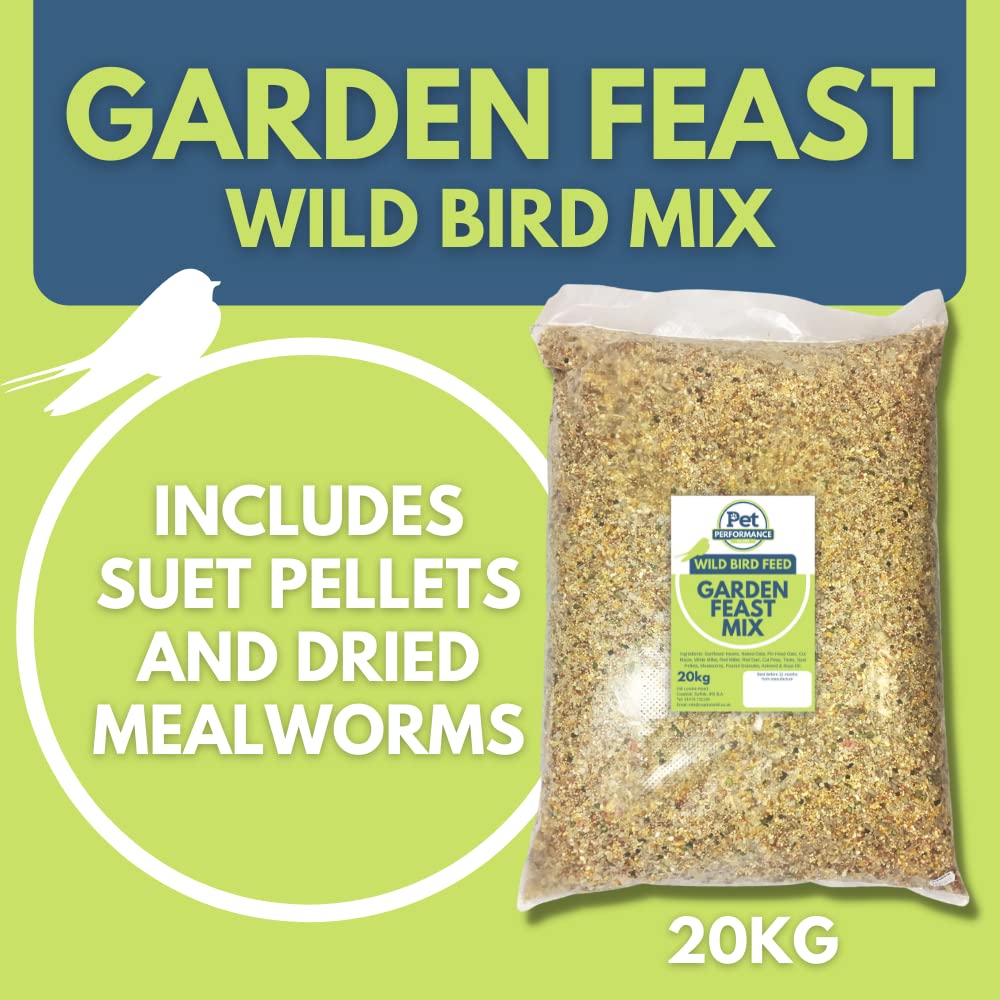 Pet Performance Garden Feast Wild Bird Seed Mix 20kg - All Year Round Wild Bird Feed With Mealworms & Suet Pellets - 100% Natural Nutritional Garden