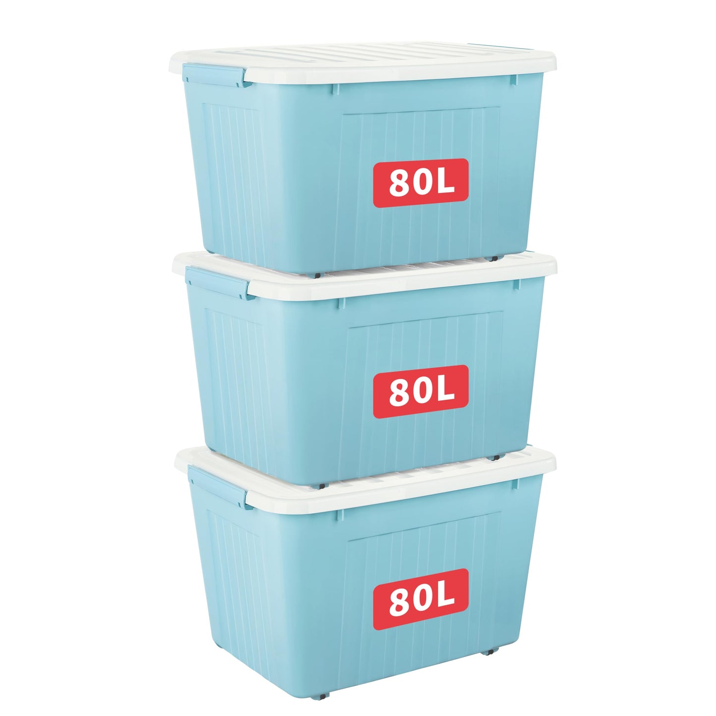 Cetomo 80L*3 Storage Boxes with Lids, Plastic Storage Box with Wheels and Secure Side Latches, Stackable & Nestable Organizer for Home, Office