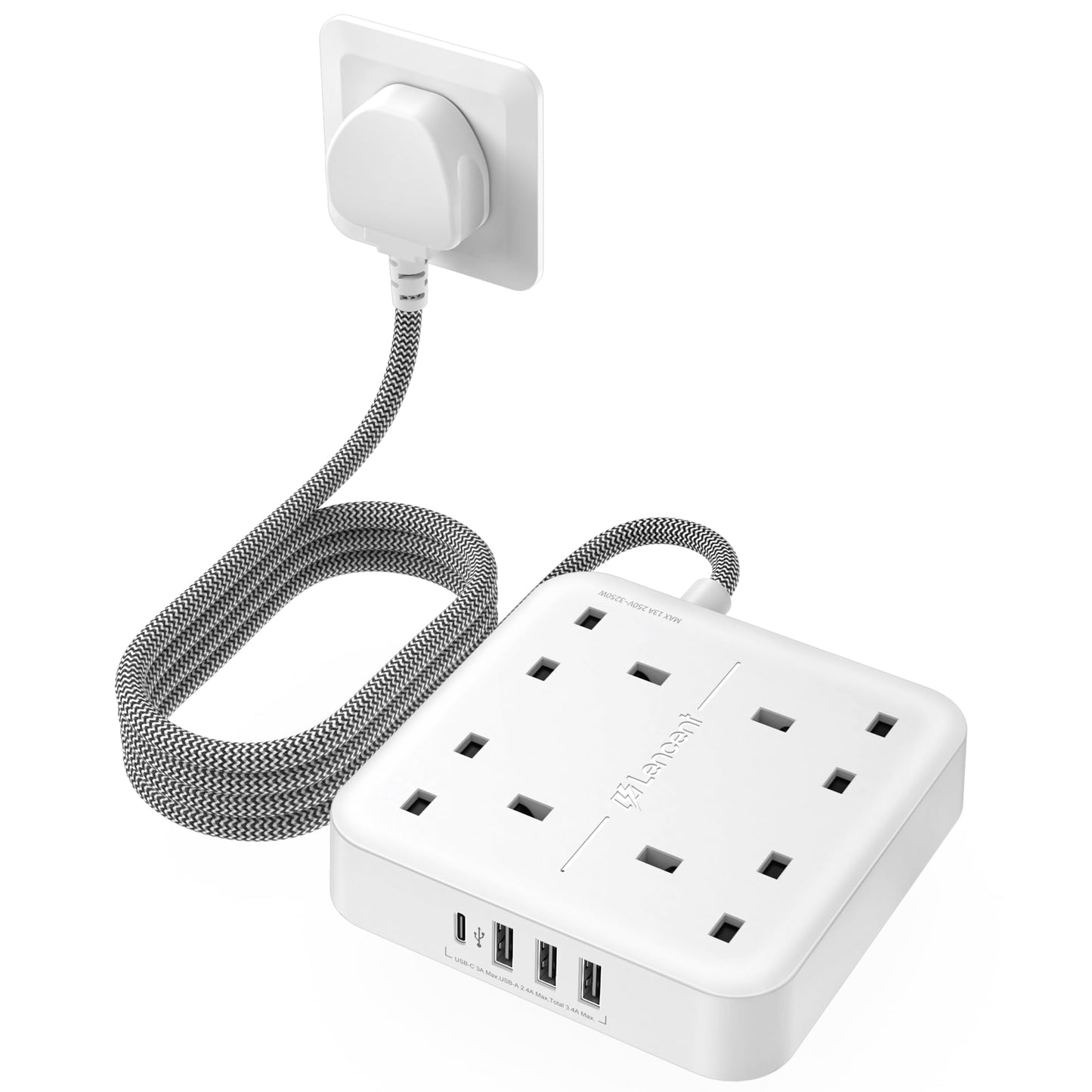 LENCENT Extension Lead with 4 Way Outlets, 3250W 13A Power Strip, 1.8M Braided Extension Cord, 1 USB-C and 3 USB Slots, Multi Power Plug Extension for