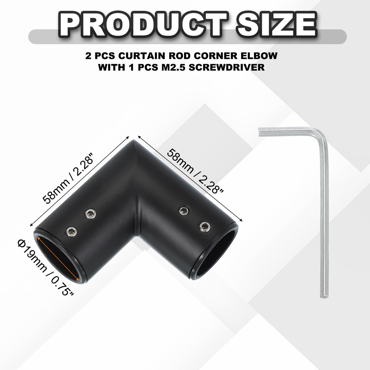 PATIKIL 2 Pcs 90° Black Stainless Steel Curtain Rod Corner Connector with Screwdriver for 3/4 Inch Bay/Corner Window, 2.28" x 2.28" (L*W)