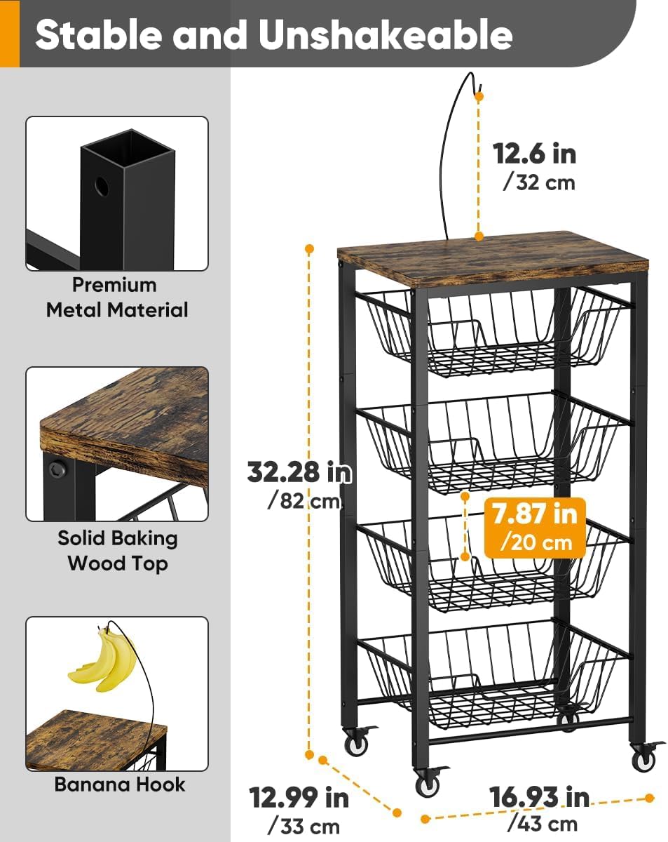 Garbuildman 5-Tier Kitchen Storage Cart with Pull-Out Wire Baskets - Fruit & Vegetable Organiser with Wooden Top & Banana Holder for Pantry
