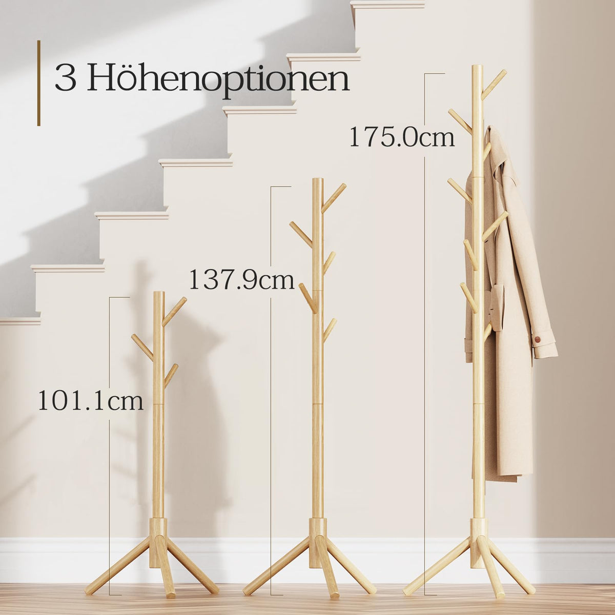 Pipishell Coat Rack, Wooden Coat Rack Stand with 3 Height Options and 8 Hooks, Sturdy Freestanding Coat Rack for Clothes/Bags/Hats, Coat Rack for