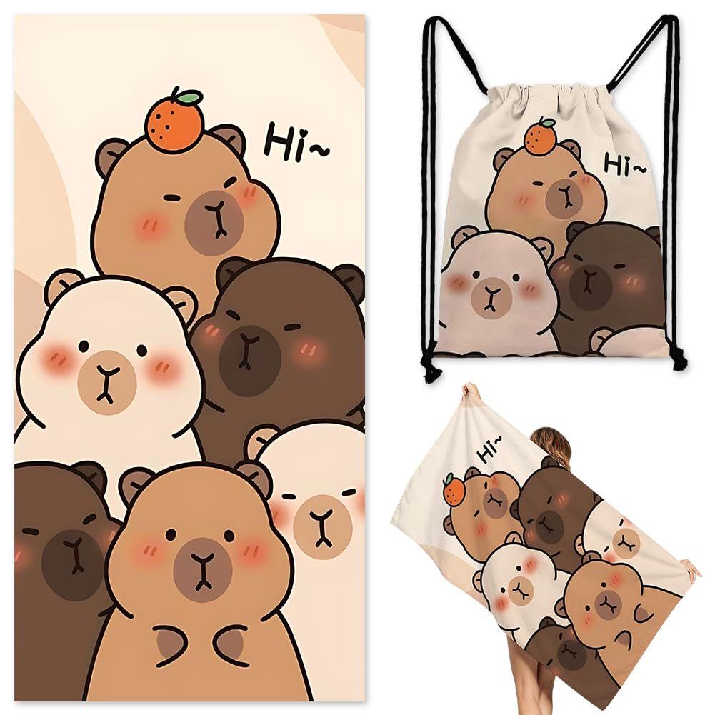 Capybara Microfiber Beach Towel Sand Free Absorbent Extra Large Travel Towels for Adults Kids Microfibre Towels for Adults with Drawstring Bag 2in1