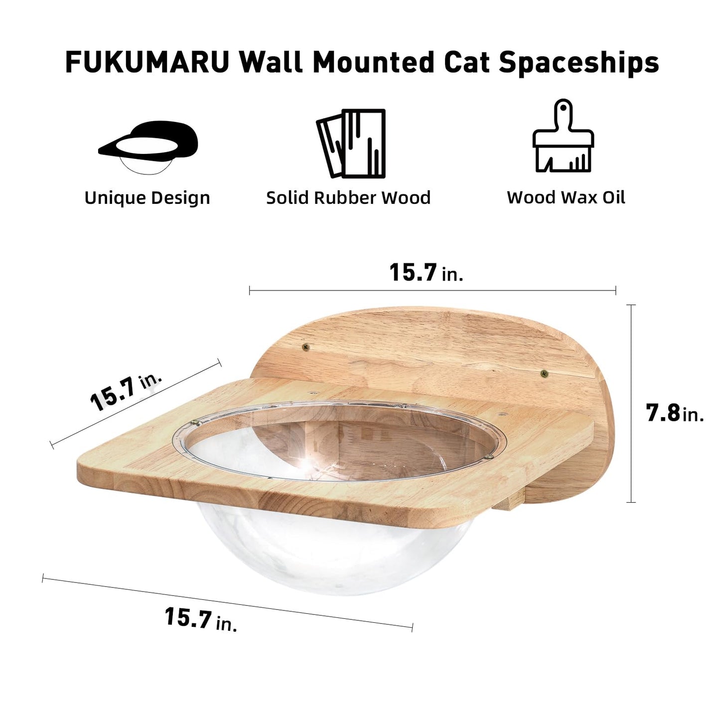 FUKUMARU Cat Wall Furniture Set, Rubber Wood, Transparent Capsule Cat Wall Shelves with 2 PCS Pedals - Premium Kitty Bed for Sleeping, Playing,