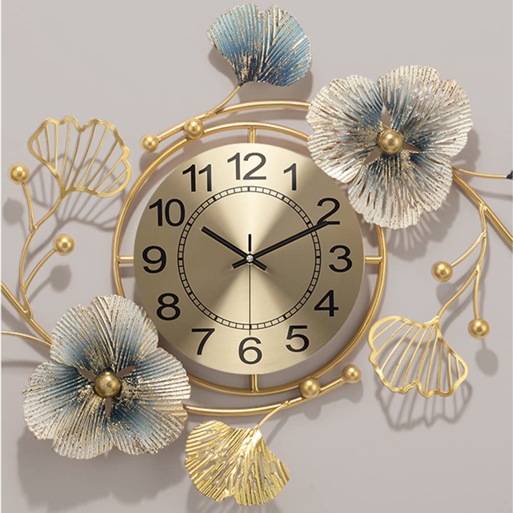 Large Silent Modern Decorative Wall Clock,Elegant Wrought Iron Wall Clocks Ginkgo Leaf Mute Wall Quartz Clock for Living Room Bedroom Hotel Porch (83