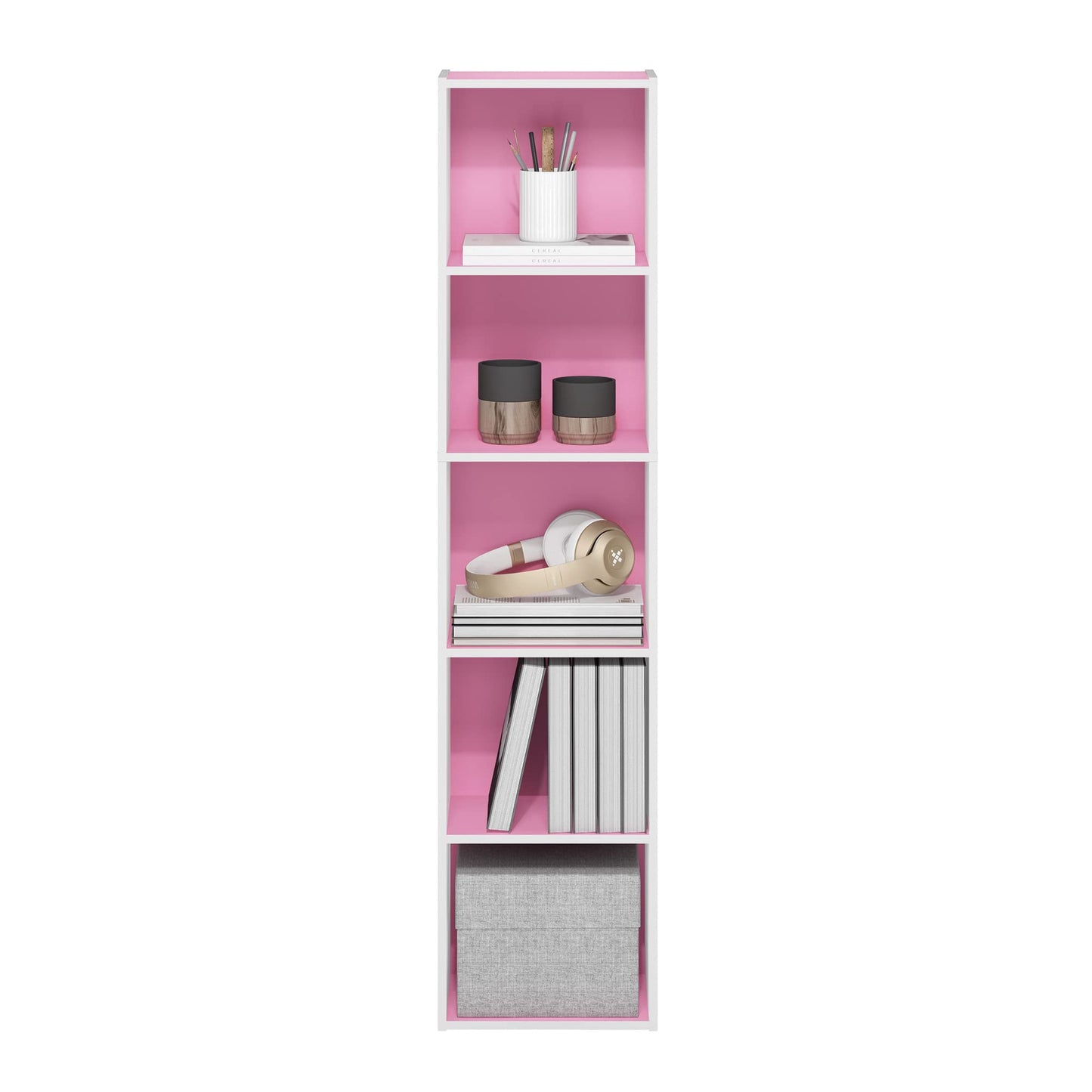 Furinno PASIR Book Shelf, 5-Tier Modern Bookshelf, Open Shelves Bookcase 9 x 12 x 52, for Living Room, Bedroom, Home Office, Pink/White
