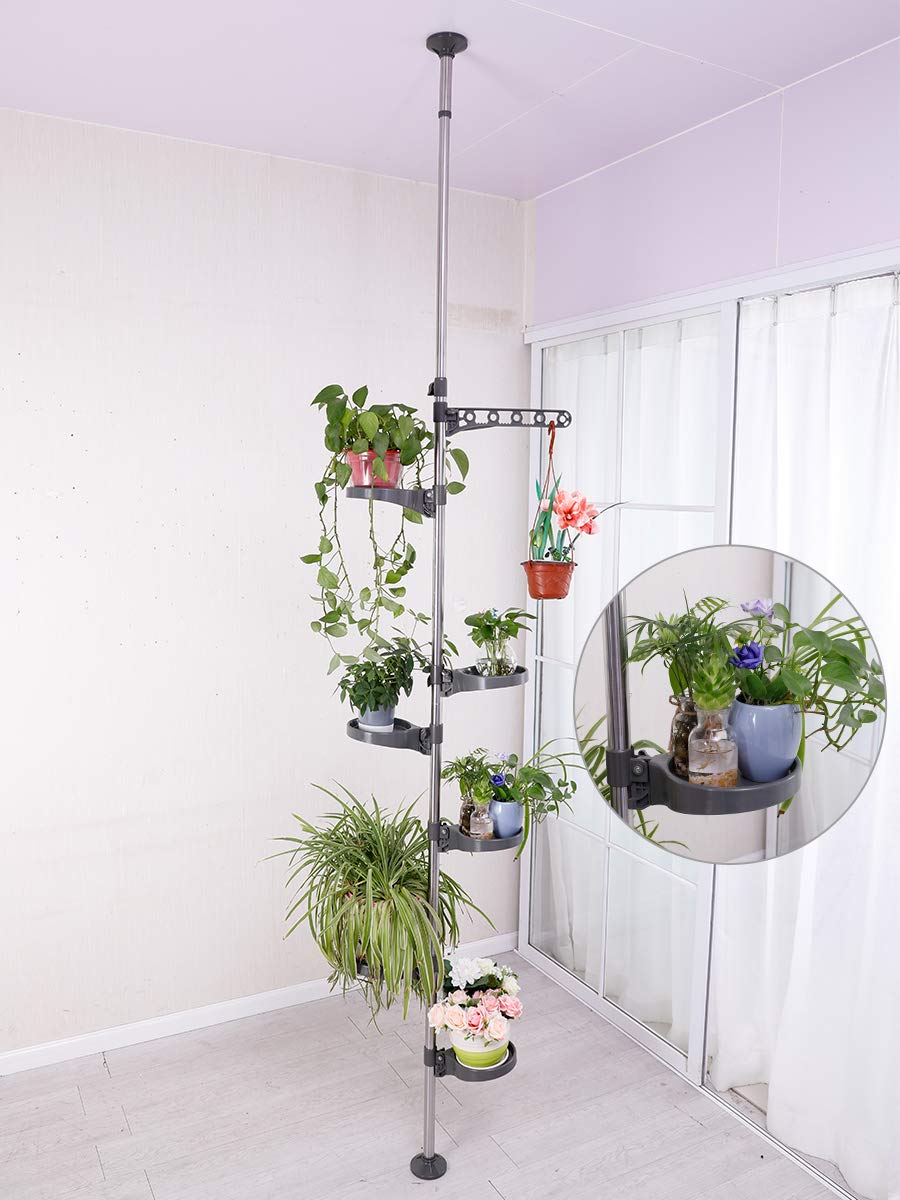 BAOYOUNI 7-Tier Indoor Plant Pole Spring Tension Rod Expandable Flower Pots Display Rack Stand Hanger Metal Corner Storage Shelf, Grey