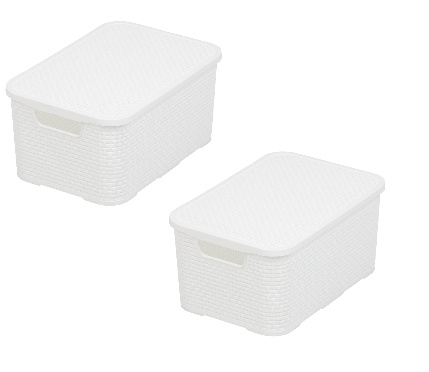 BranQ Home essential Basket with Lid in Rattan Design, Set of 2, Size M, 19 L, BPA-Free Plastic PP, White, 28.8 x 19.7 x 16.2 cm, Pack of 2