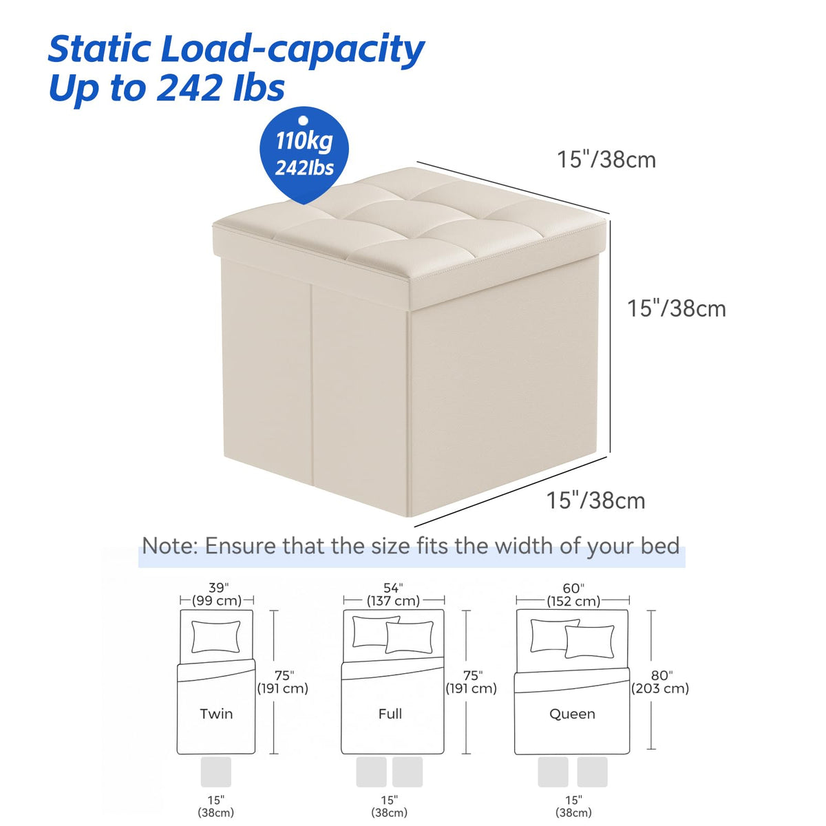 BRIAN & DANY Folding Storage Ottoman, Faux Leather Cube Foot Stool with Storage, Ottoman Box with Highly Elastic Sponge Filling, Beige