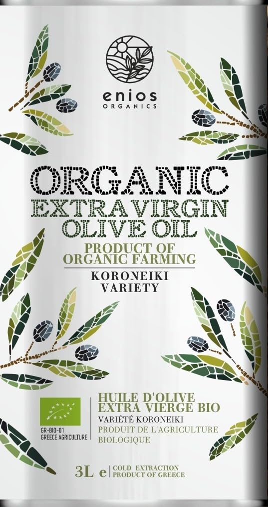 Enios 100% Greek (Kalamata) Organic Extra Virgin Olive Oil 3L. Harvest 2025. First Cold Pressed Ultra-Low Acidity 0.32% Rich in Polyphenols. Best