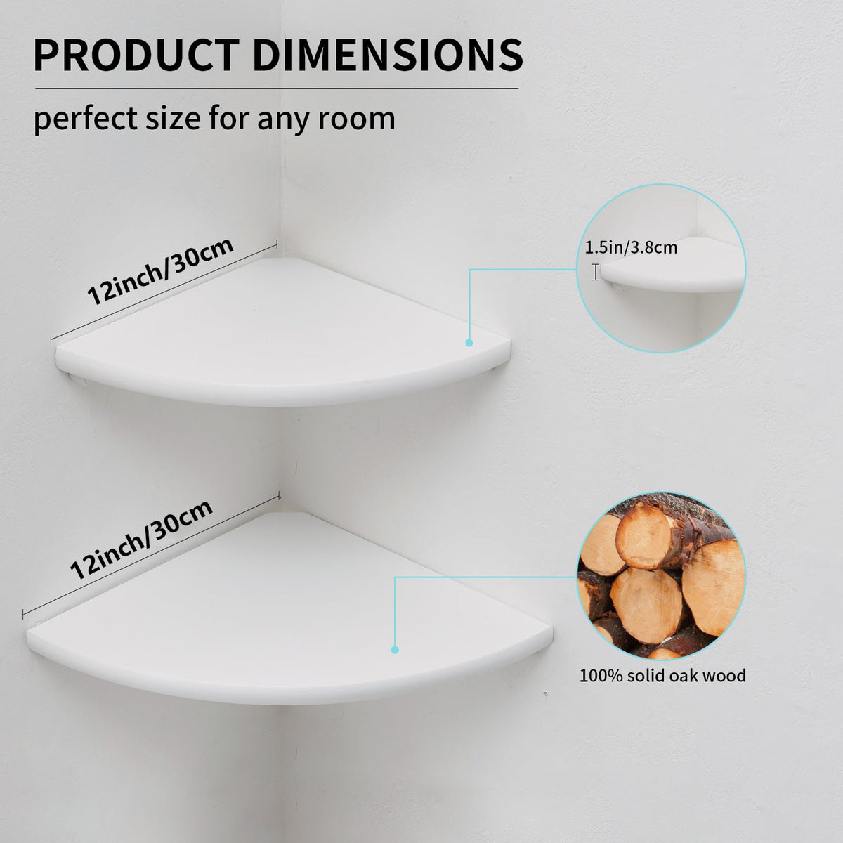 Gieanoo White Corner Shelf Wall Mount, Solid Oak Wood Set of 2 12inch Floating Corner Shelf Round End Floating Speaker Shelf With Wire Hole Shelf for