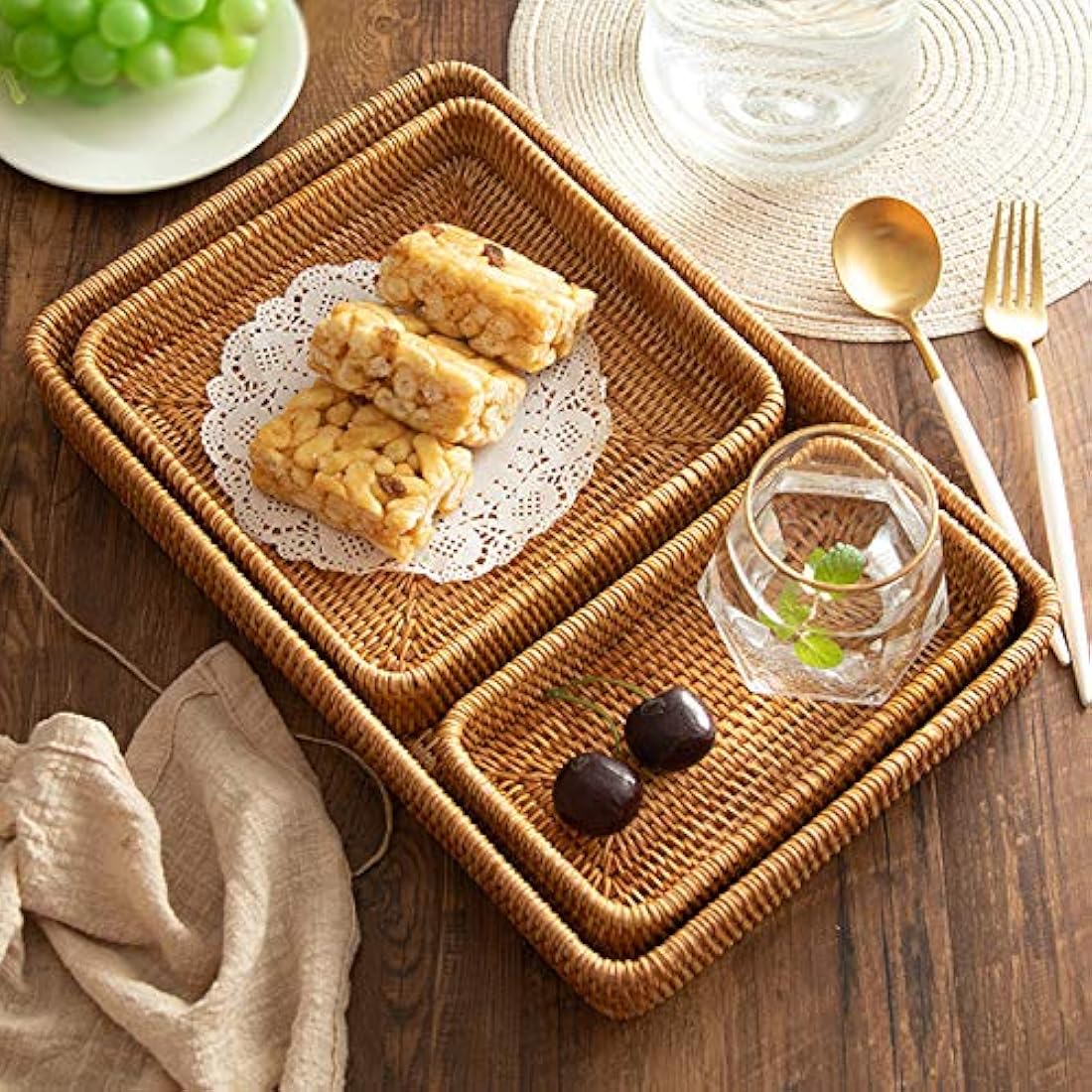 Set of 3, Rattan Serving Tray, Rectangular Wicker Tray, Natural Woven Decorative Serving Baskets for Organizing Tabletop Kitchen Counter