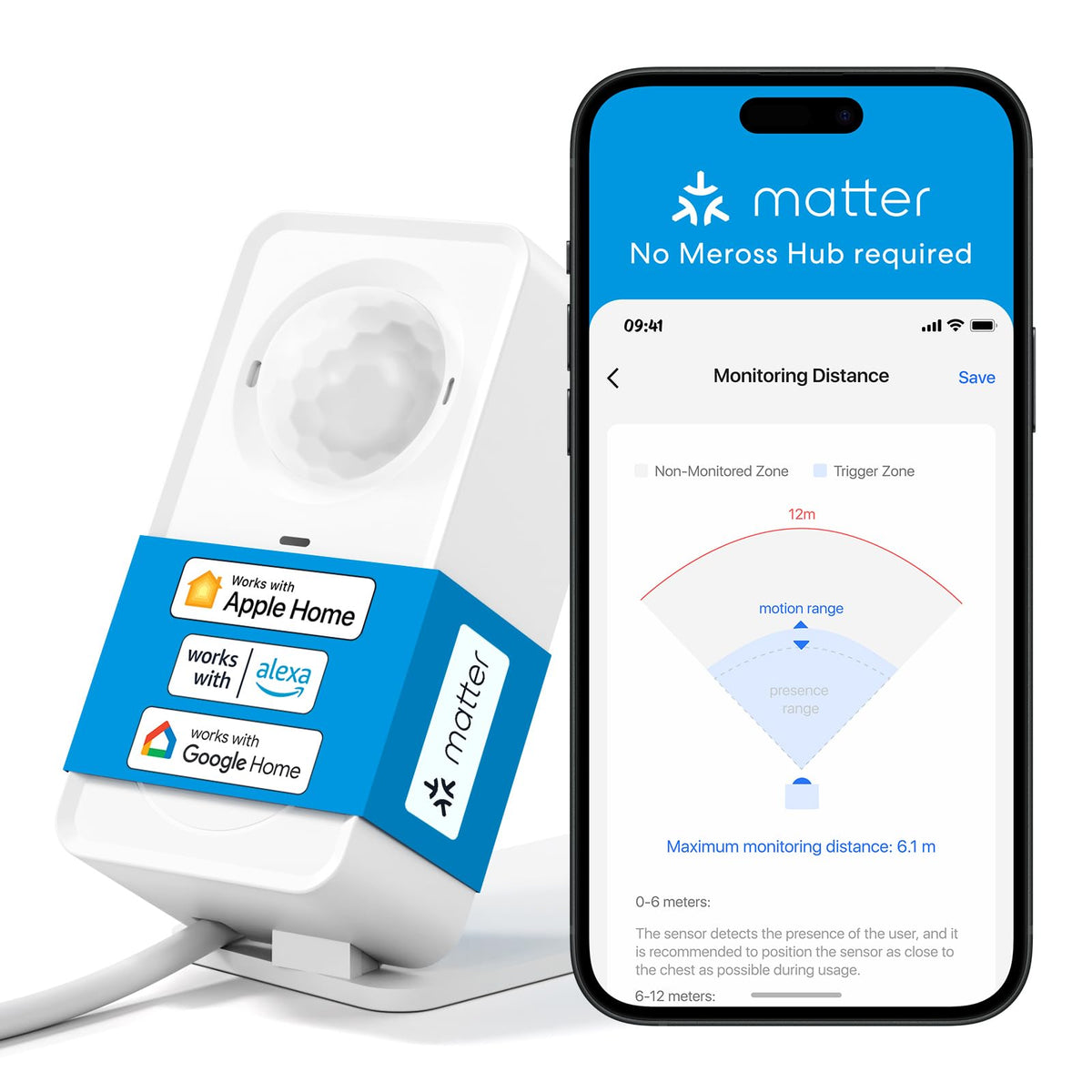 Meross Matter Presence Motion Sensor - Smart Presence Sensor with Cable, WiFi Motion Detector Indoor with App Notification for Home Security, Works