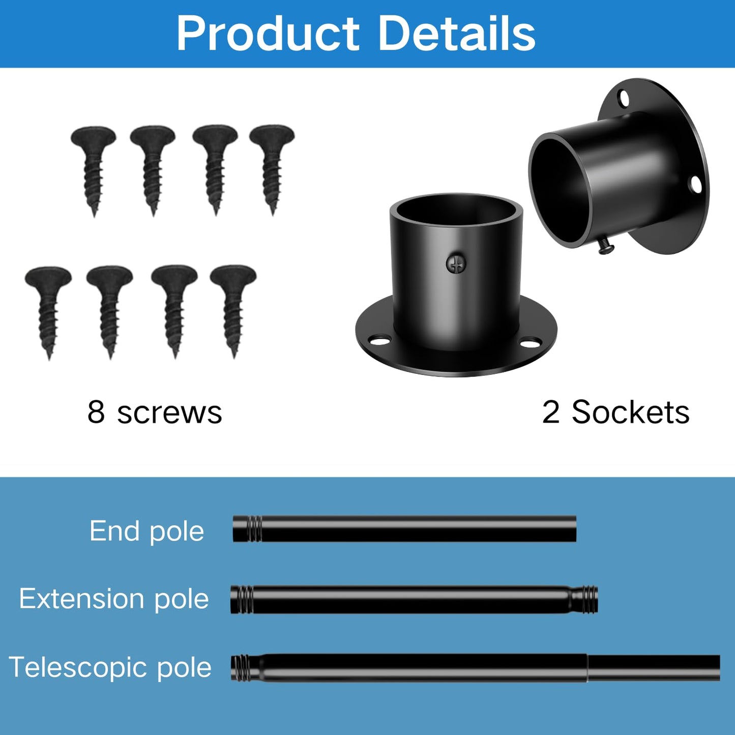 Wardrobe Rail, Extendable Clothes Rail, Adjustable Wardrobe Rail with Fixing Sockets and Screws for Wardrobe and Cloakroom, White