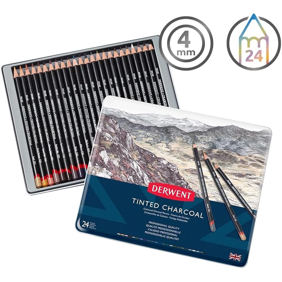Derwent Tinted Charcoal Drawing Pencils, Drawing & Writing, Set Of 24, Watersoluble, Ideal For Blending & Smudging, Professional Quality, 2301691