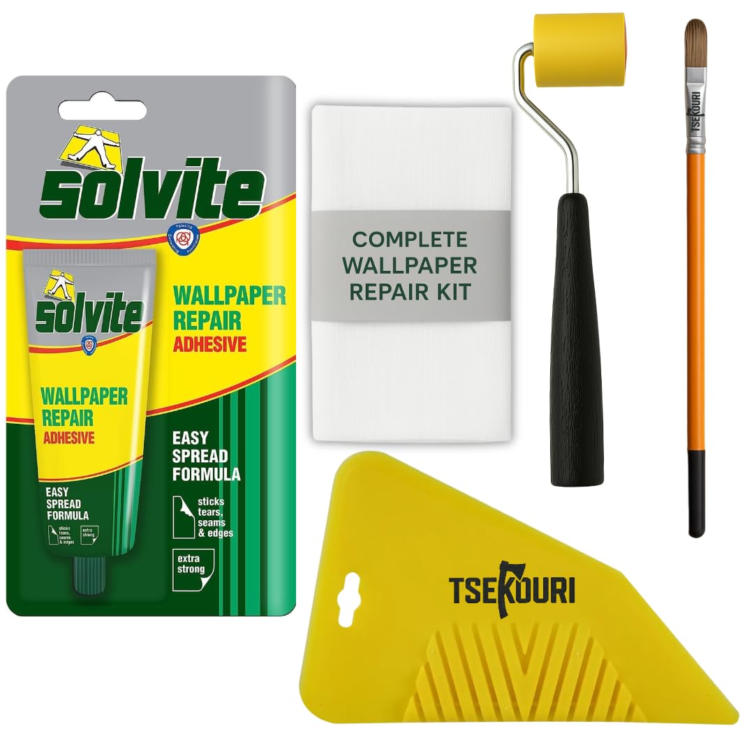 Solvite Wallpaper Repair Adhesive Tube (56g) with Foam Seam Roller, Smoother Tool With 0.9cm Brush & Cleaning Cloth ? Complete Wallpaper Repair Set by