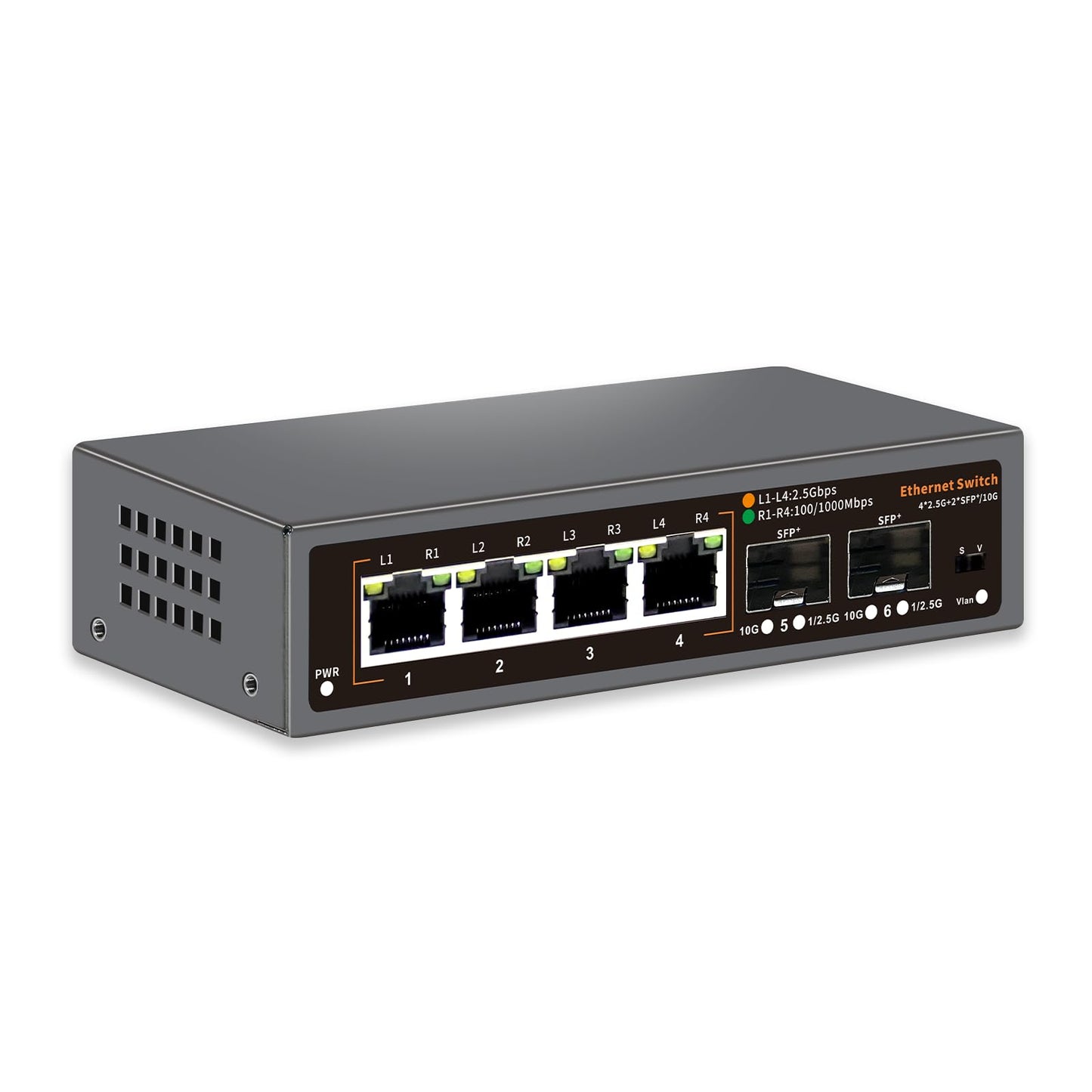 6 Port 2.5G Unmanaged Ethernet Switch, 4 x 2.5G Base-T Ports, 2 x 10G SFP, For 100/1000/2500Mbps, VLAN, Fanless 2.5G Network Switch Desktop/Wall Mount