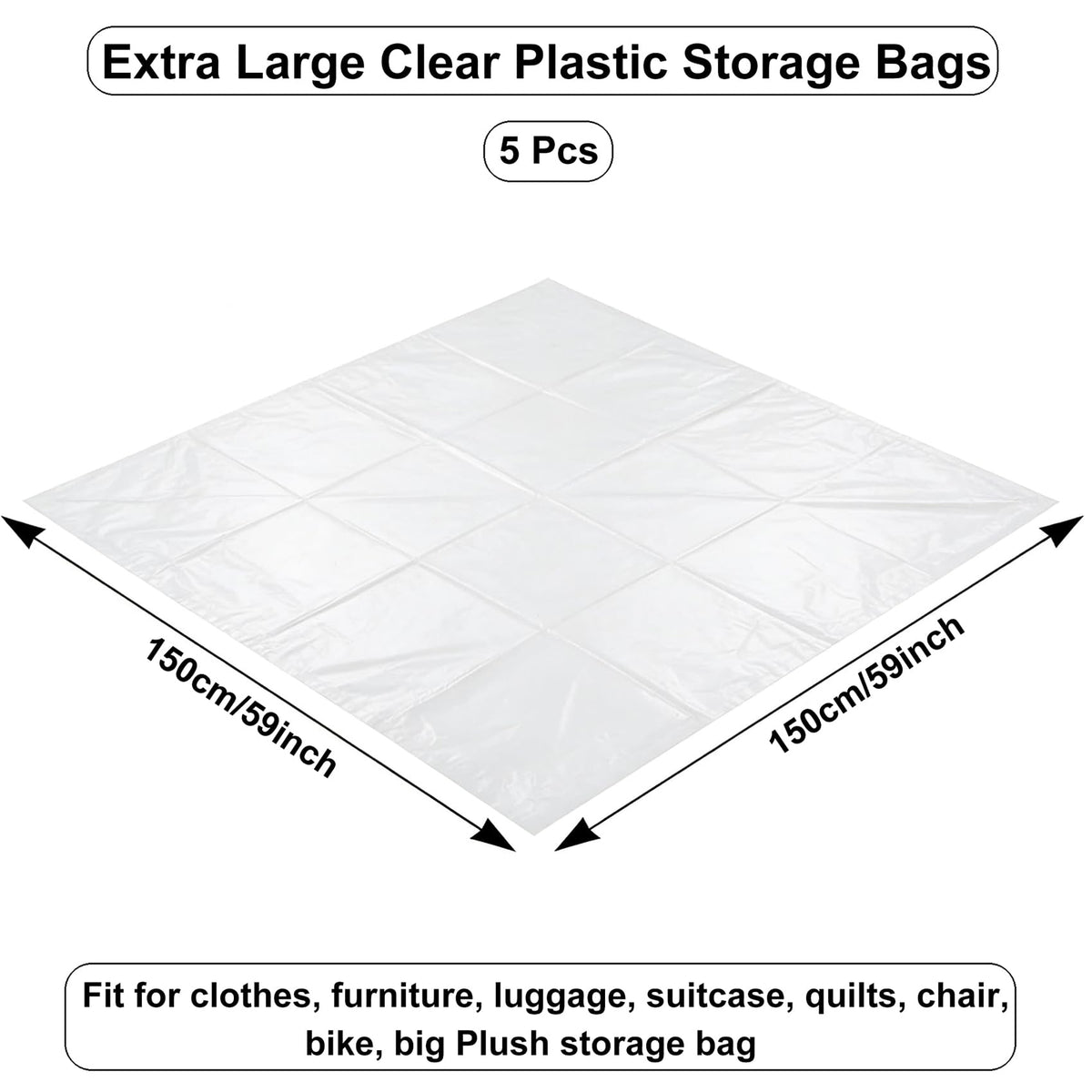 QISF Extra Large Clear Plastic Bags 150 x 150 cm, 5 PCS Waterproof Jumbo Storage Bags,Suitcase Storage Bag for
