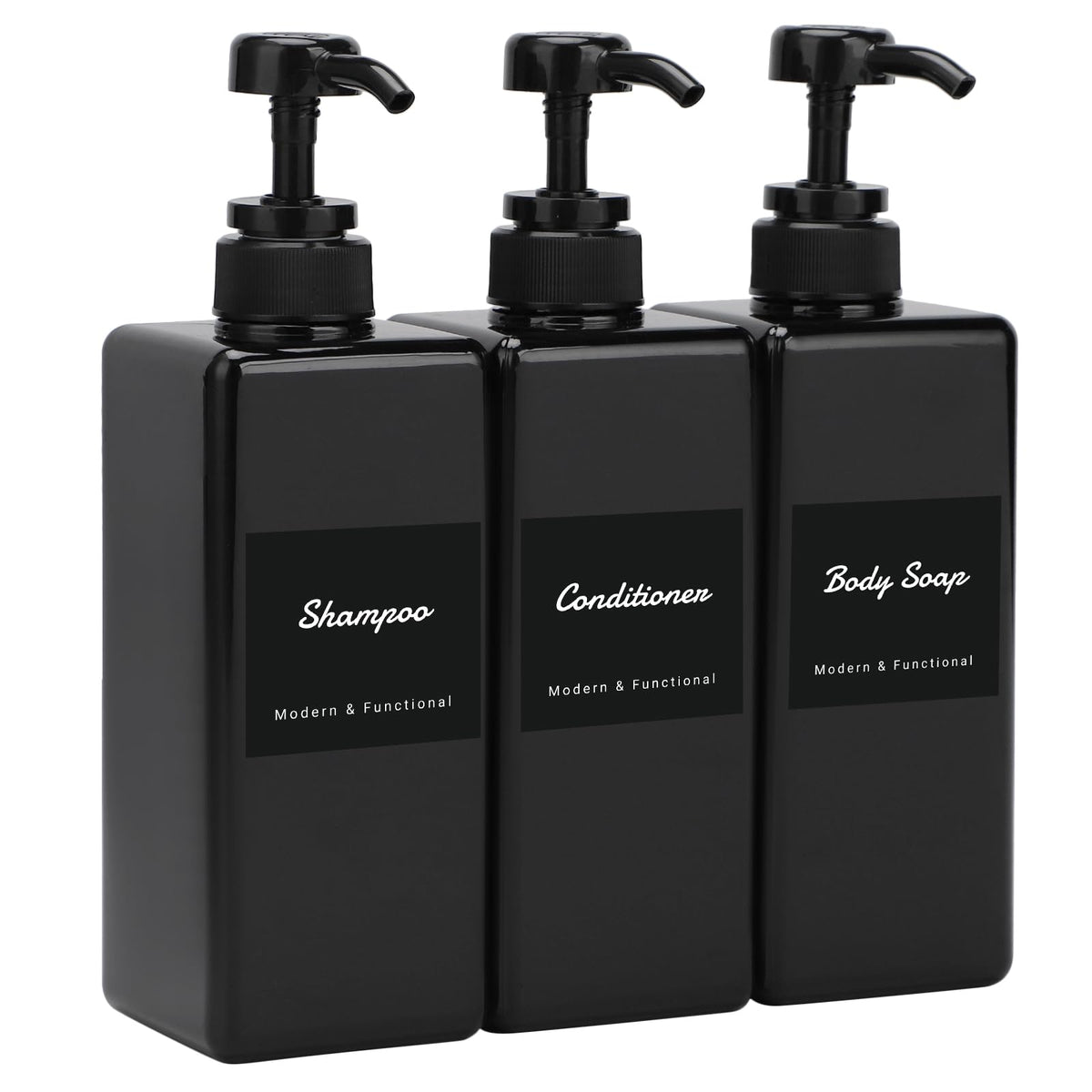 Segus Black Soap Dispenser, 3 Pieces 650ml Shower Gel Dispenser, Hand Wash Dispenser in Plastic, Shampoo Bottles with Pump, Kitchen Soap Dispenser Set