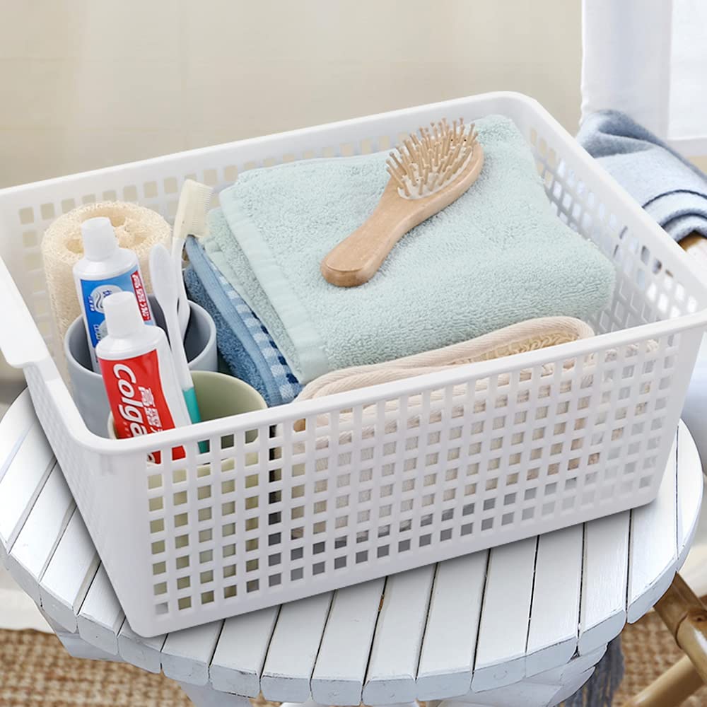 Easymanie Large Plastic Storage Basket Box, 4 Packs, White