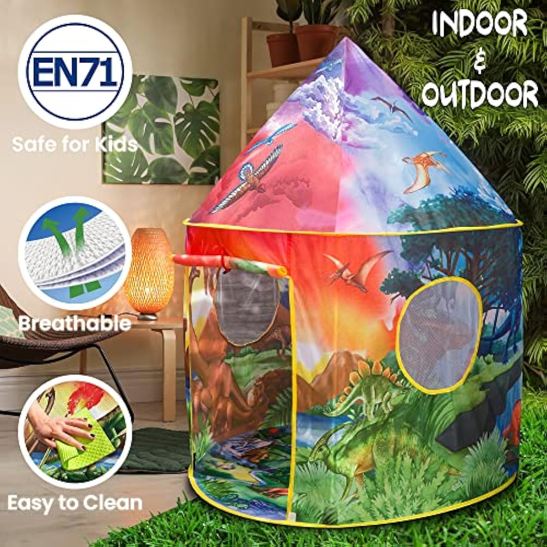 W&O Dinosaur Discovery Play Tent with Roar Button - Extraordinary Pop Up Tent for Boys & Girls - Perfect for Indoor & Outdoor Adventures